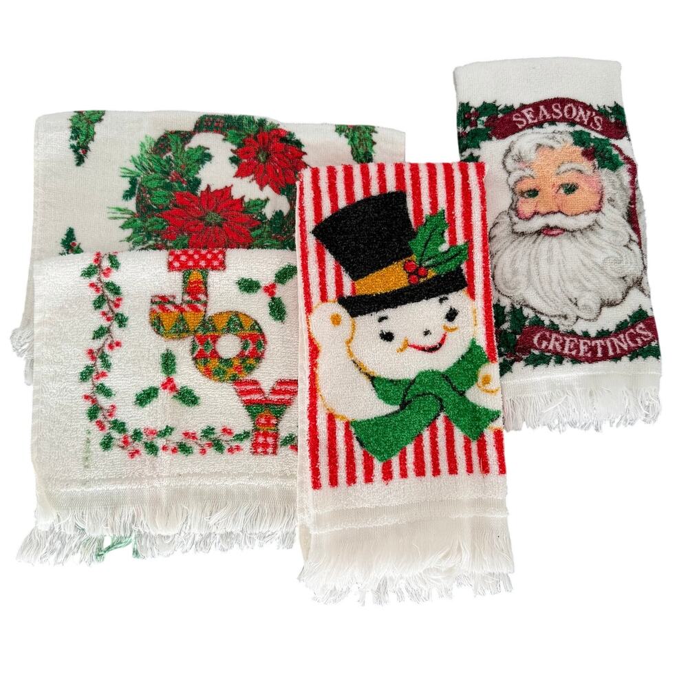 Vintage Christmas Hand Towels Fringed Wreath Joy Snowman Santa Lot 4 MCM Terry
